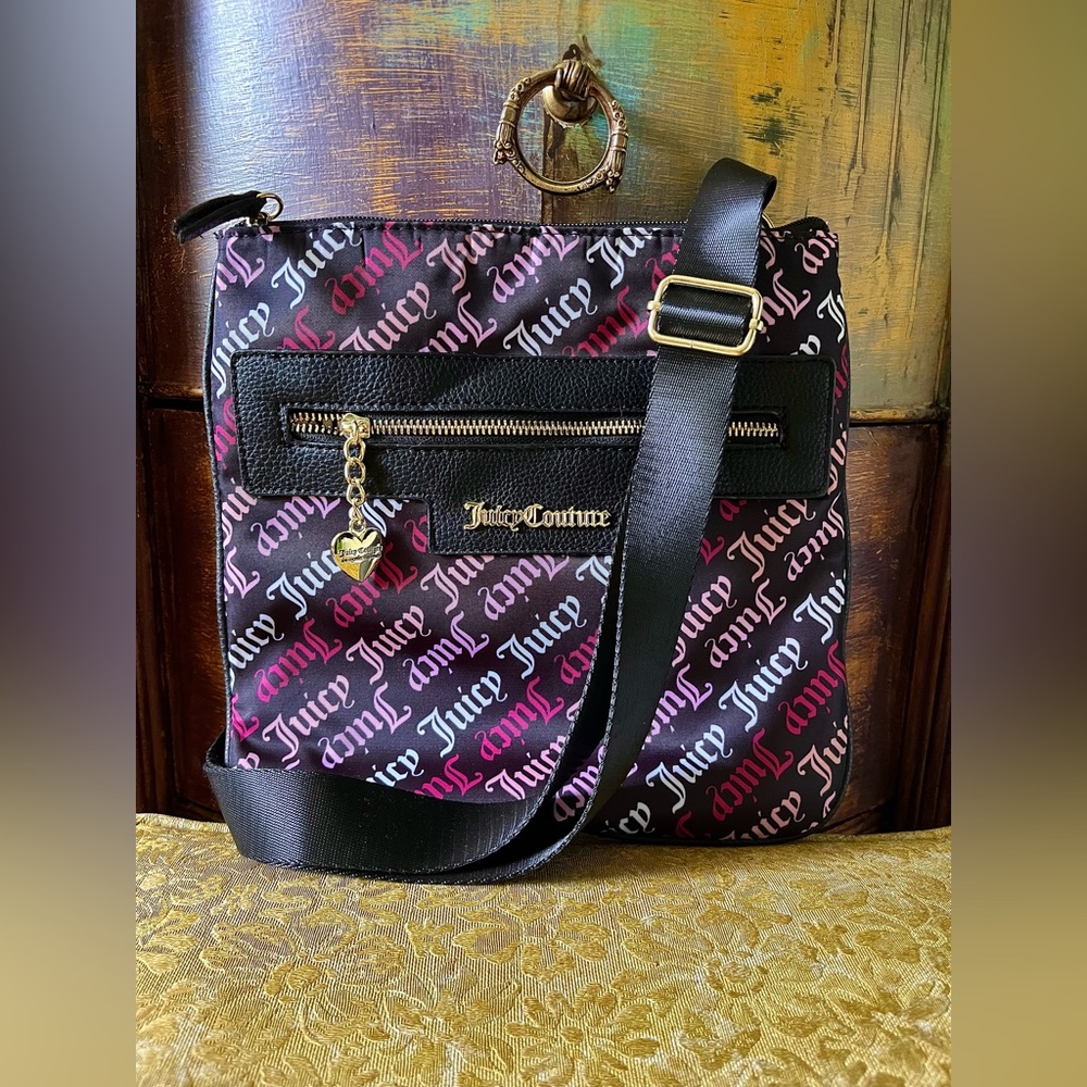 Juicy Couture Quilty Pleasure Crossbody Bag Purse Black W/ Pink Writing L.A.M.B